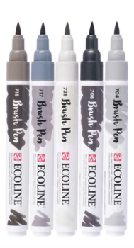 Ecoline Set - Contents of the 5 pens, opened, brush tip is visible.