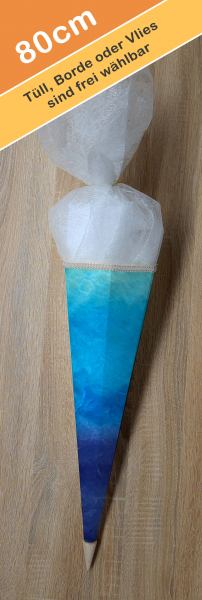 Schultüte 80 cm ECKIG, blauer Farbverlauf, blaue Schnüre – Tüll und Band frei wählbar