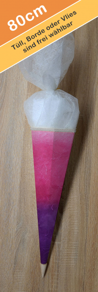 Schultüte 80 cm ECKIG, pink-lila Farbverlauf, lila Schnüre – Tüll und Band frei wählbar