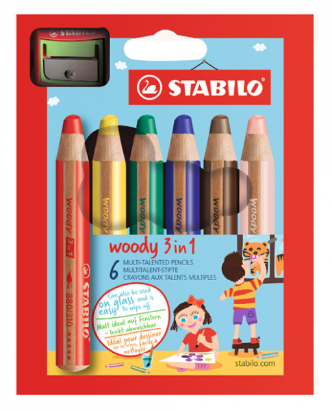 Buntstift STABILO woody:  3 in 1 (6er Kartonetui inkl. Spitzer)